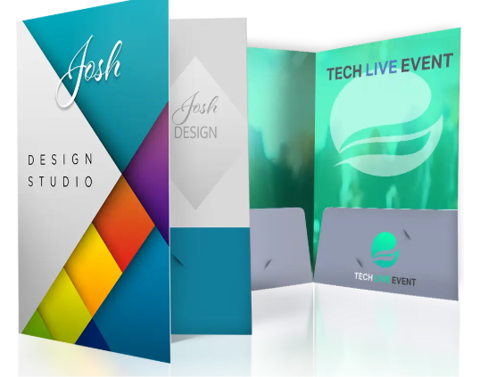 Printed presentation folders and brochures with colorful design