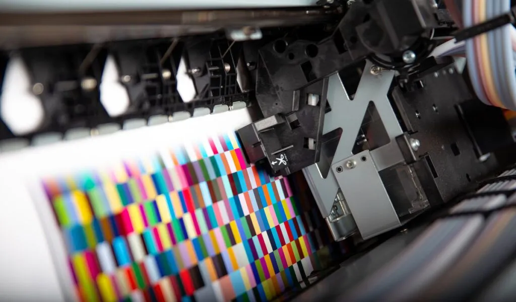 Large-format printer printing a color calibration chart