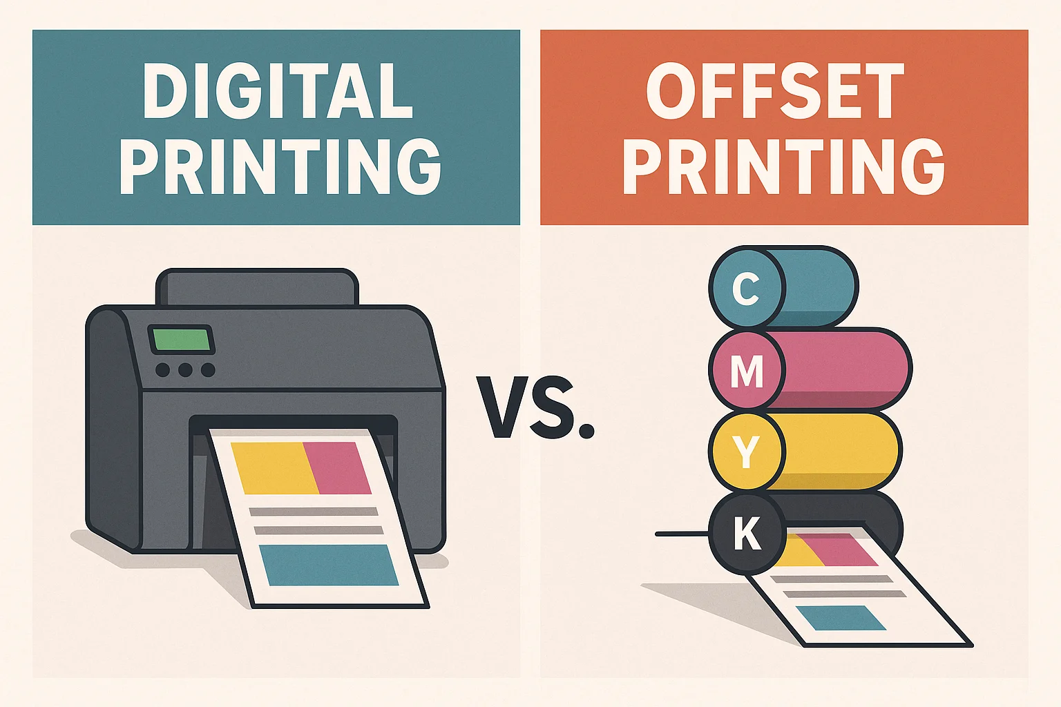 Illustration comparing digital printing and offset printing with CMYK rollers