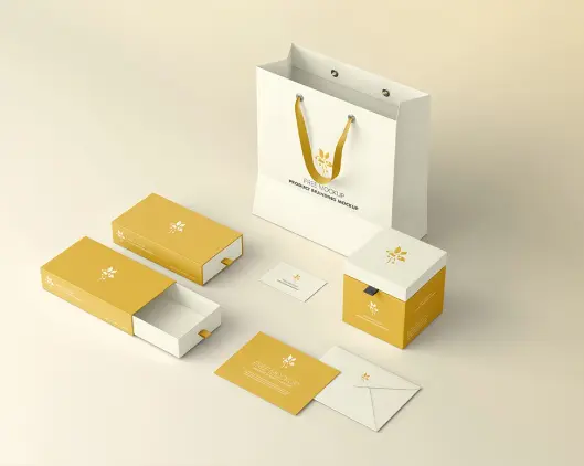 Printed marketing materials: shopping bag, boxes, cards and envelopes